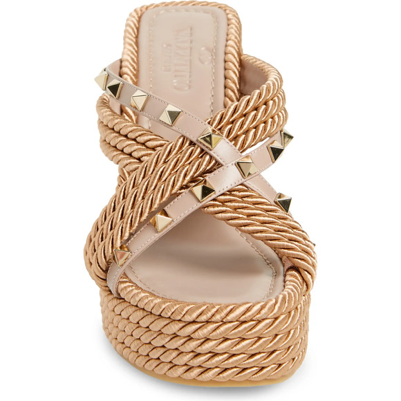 Valentino Rockstud Torchon Poudre Nude Cord Rope Wedge Backless Slide Sandal 41 - Picture 7 of 12